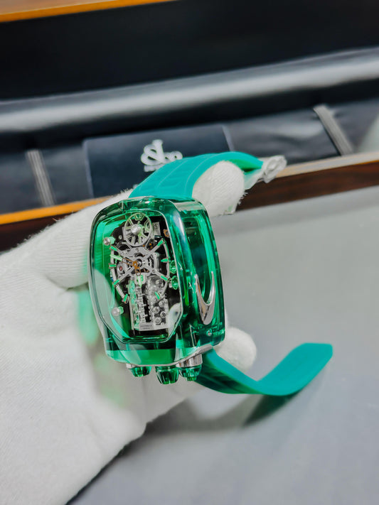 Jacob & Co. Bugatti Chiron Tourbillon Green Sapphire Crystal watch.
